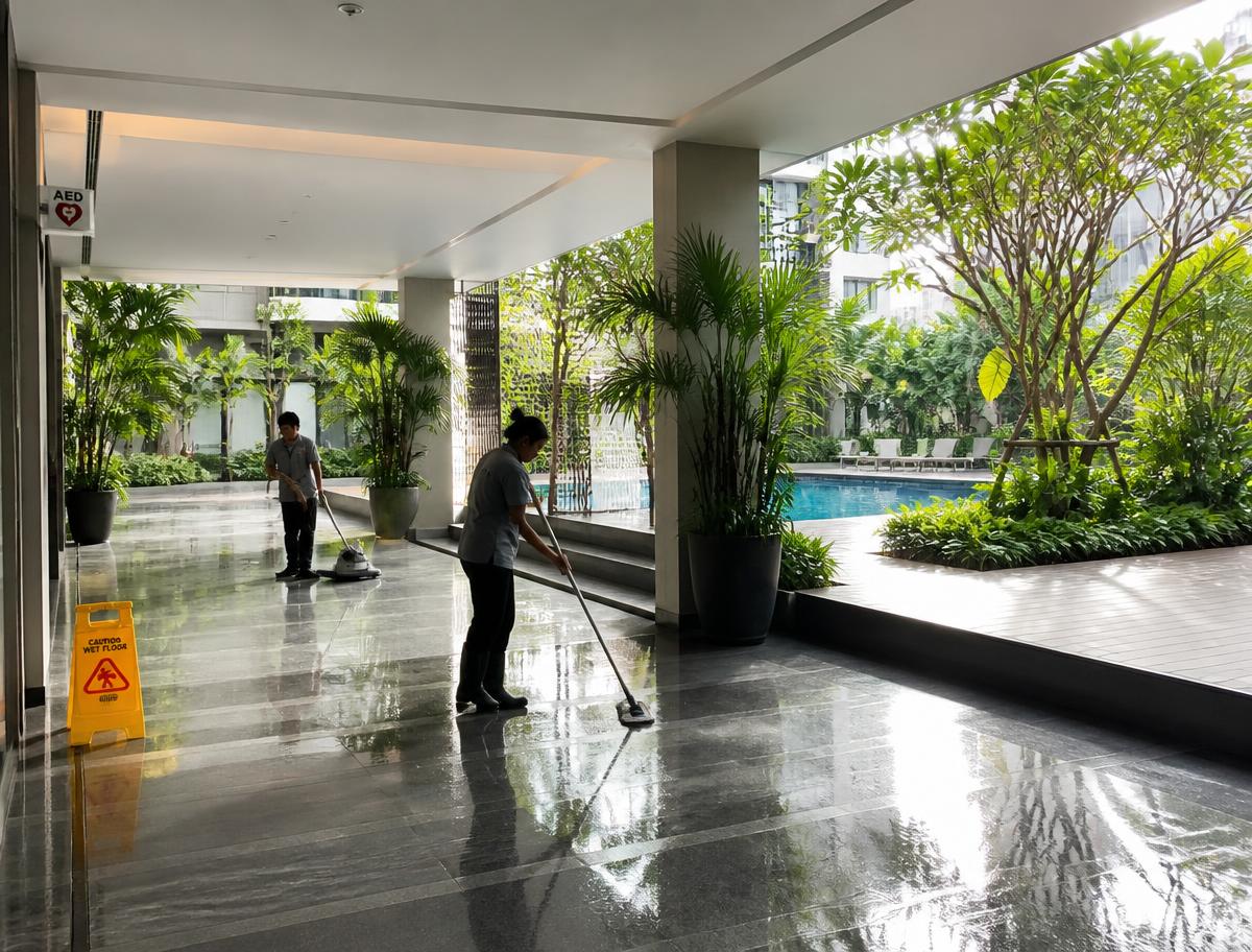 Cleaning crew maintaining a condominium common area and pool deck