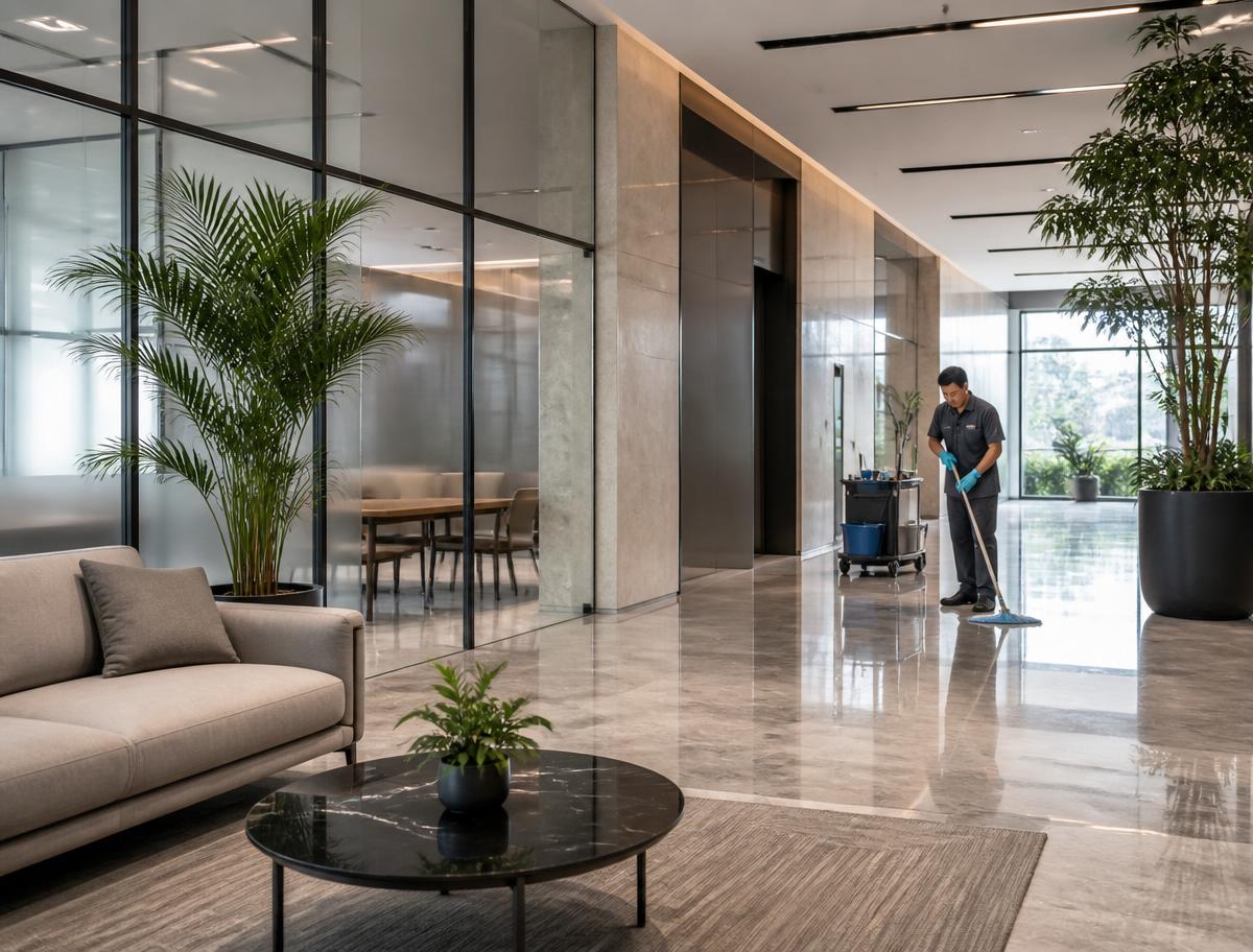 Eclat cleaning team maintaining a modern Singapore corporate office lobby