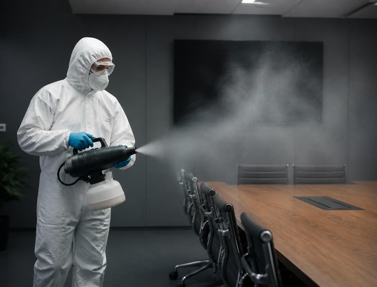 Technician performing disinfection fogging in a meeting room