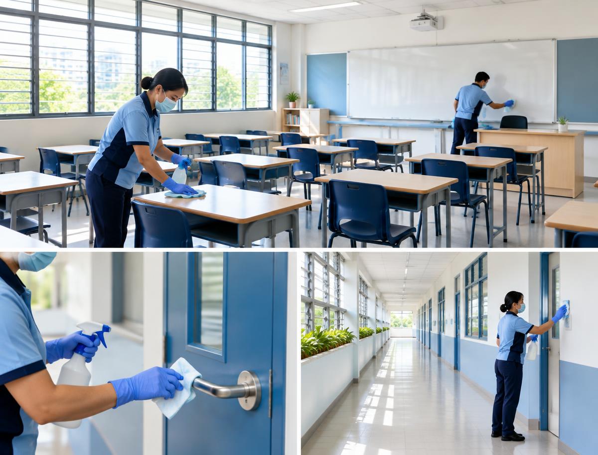 Cleaning staff sanitising classrooms and high-touch surfaces in a Singapore school