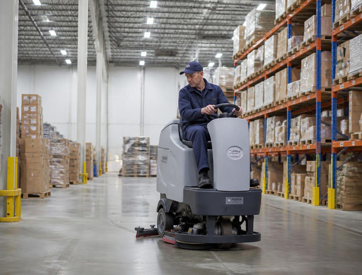 Worker operating a ride-on floor scrubber in a production floor