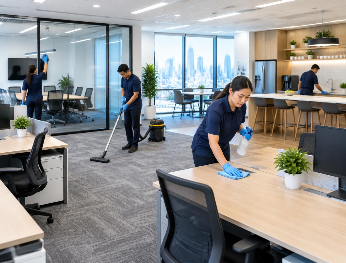 Eclat cleaning team maintaining a modern satellite office workspace